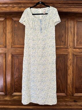 VINTAGE Liz Clairborne Villager Light Blue Floral Midi Linen Blend Dress Sz S Y2